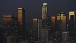 5K aerial stock footage of skyscrapers at twilight in Downtown Los Angeles, California Aerial Stock Footage | AX64_0230E