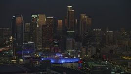 5K aerial stock footage of Downtown Los Angeles hotels and skyscrapers, California, twilight Aerial Stock Footage | AX64_0237E