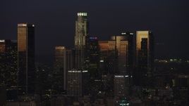 5K aerial stock footage of US Bank Tower and skyscrapers in Downtown Los Angeles, California, twilight Aerial Stock Footage | AX64_0240