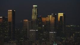 5K aerial stock footage of US Bank Tower and skyscrapers in Downtown Los Angeles, California, twilight Aerial Stock Footage | AX64_0240E