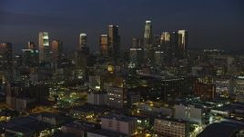 5K aerial stock footage approach Downtown Los Angeles office buildings and skyscrapers, California, twilight Aerial Stock Footage | AX64_0243E