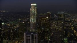 5K aerial stock footage fly over 611 Place to approach US Bank Tower, Downtown Los Angeles, California, twilight Aerial Stock Footage | AX64_0248