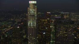 5K aerial stock footage flyby US Bank Tower in Downtown Los Angeles, California, twilight Aerial Stock Footage | AX64_0248E