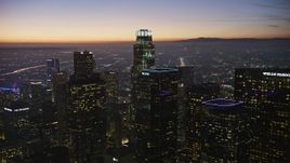 5K aerial stock footage approach and fly over Downtown Los Angeles' tall skyscrapers, California at twilight Aerial Stock Footage | AX64_0267E