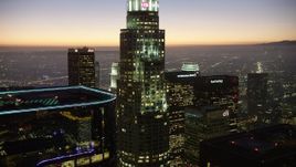 5K aerial stock footage of US Bank Tower and Downtown Los Angeles skyscrapers, California, twilight Aerial Stock Footage | AX64_0269