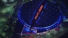 5K aerial stock footage approach Staples Center and Nokia Theater in Downtown Los Angeles, California, night Aerial Stock Footage | AX64_0271E