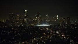 5K aerial stock footage flyby Echo Lake and the Downtown Los Angeles skyline, California, night Aerial Stock Footage | AX64_0349