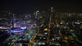 5K aerial stock footage of Downtown Los Angeles skyscrapers, reveal Staples Center, California, night Aerial Stock Footage | AX64_0362
