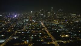 5K aerial stock footage of a view north at Downtown Los Angeles skyscrapers, California, night Aerial Stock Footage | AX64_0386E