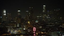 5K aerial stock footage of flying toward the Downtown Los Angeles skyline, California, night Aerial Stock Footage | AX64_0390