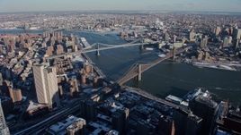 4.8K aerial stock footage of Brooklyn Bridge and Manhattan Bridge, New York City Aerial Stock Footage | AX66_0140
