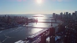4.8K aerial stock footage of the Manhattan Bridge and Lower Manhattan skyline, New York City Aerial Stock Footage | AX66_0144