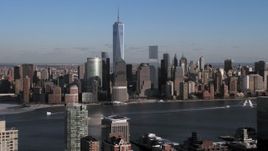 4.8K aerial stock footage Freedom Tower and World Trade Center, Lower Manhattan skyline, New York City Aerial Stock Footage | AX66_0162