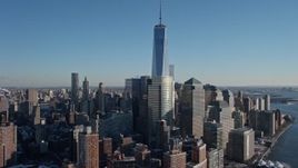 4.8K aerial stock footage orbit One World Trade Center and Lower Manhattan skyscrapers, New York City Aerial Stock Footage | AX66_0174E
