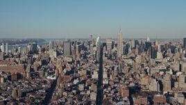 4.8K aerial stock footage of a wide view of Midtown Manhattan skyscrapers, New York City Aerial Stock Footage | AX66_0176