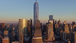 4.8K aerial stock footage of Lower Manhattan skyline and One World Trade Center, New York City, sunset Aerial Stock Footage | AX66_0252E