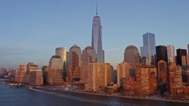 4.8K aerial stock footage of One World Trade Center  and the Lower Manhattan skyline, New York City, sunset Aerial Stock Footage | AX66_0263E