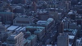 4.8K aerial stock footage of Midtown skyline, tilt to Columbia University in winter, New York City, twilight Aerial Stock Footage | AX66_0292
