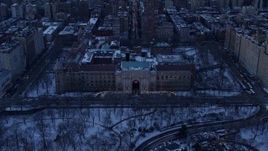 4.8K aerial stock footage of the Museum of Natural History in winter, New York City, twilight Aerial Stock Footage | AX66_0302E
