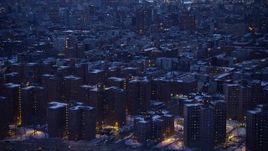 4.8K aerial stock footage of East Village apartment buildings in winter, New York City, twilight Aerial Stock Footage | AX66_0358E