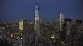 4.8K aerial stock footage of One World Trade Center and Memorial in winter, New York City, twilight Aerial Stock Footage | AX66_0380