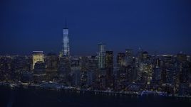 4.8K aerial stock footage approach and orbit One World Trade Center in winter, New York City, twilight Aerial Stock Footage | AX66_0384E