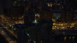 4.8K aerial stock footage of Brooklyn Bridge and Lower Manhattan skyline in winter, New York City, twilight Aerial Stock Footage | AX66_0402E