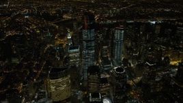 4.8K aerial stock footage view of orbiting One World Trade Center in Lower Manhattan at night, New York Aerial Stock Footage | AX67_0086
