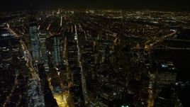 4.8K aerial stock footage view of the south end of Lower Manhattan at night, New York Aerial Stock Footage | AX67_0095