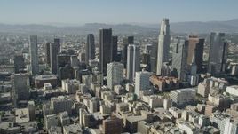 4.8K aerial stock footage of a reverse view of Downtown Los Angeles skyscrapers, California Aerial Stock Footage | AX68_016