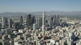 4.8K aerial stock footage of a view of tall Downtown Los Angeles skyscrapers in California Aerial Stock Footage | AX68_017