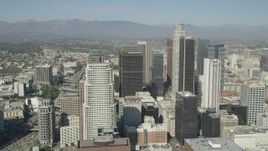 4.8K aerial stock footage approach City National Plaza, US Bank Tower, and Aon Center skyscrapers in Downtown Los Angeles, California Aerial Stock Footage | AX68_022