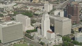 4.8K aerial stock footage approach and flyby Los Angeles City Hall in Downtown Los Angeles, California Aerial Stock Footage | AX68_025