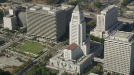 4.8K aerial stock footage of passing Los Angeles City Hall in Downtown Los Angeles, California Aerial Stock Footage | AX68_026