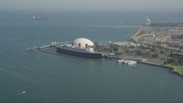 4.8K aerial stock footage of Queen Mary luxury liner docked by Long Beach Cruise Terminal, California Aerial Stock Footage | AX68_053