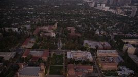 4.8K aerial stock footage of flying over Dickson Court and buildings at the College campus at twilight, Westwood, California Aerial Stock Footage | AX69_059