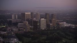 4.8K aerial stock footage flyby skyscrapers in Century City at twilight, California Aerial Stock Footage | AX69_066