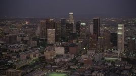 4.8K aerial stock footage slow approach to Downtown Los Angeles at night, California Aerial Stock Footage | AX69_079