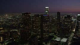 4.8K aerial stock footage of skyscrapers in Downtown Los Angeles, California at night Aerial Stock Footage | AX69_103