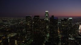4.8K aerial stock footage orbit tall high-rises in Downtown Los Angeles, California at night Aerial Stock Footage | AX69_104