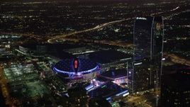 4.8K aerial stock footage of Staples Center, Nokia Theater and Ritz-Carlton in Downtown Los Angeles, California at night Aerial Stock Footage | AX69_125