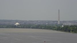 4.8K aerial stock footage of the Jefferson Memorial and the Washington Monument seen from the Potomac River in Washington DC Aerial Stock Footage | AX74_034