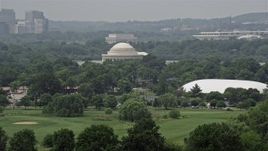 4.8K aerial stock footage of the Jefferson Memorial and trees in West Potomac Park in Washington DC Aerial Stock Footage | AX74_066