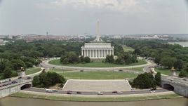 4.8K aerial stock footage orbiting Lincoln Memorial to reveal the Reflecting Pool and Washington Monument in Washington DC Aerial Stock Footage | AX74_074