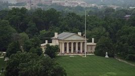 4.8K aerial stock footage of tour groups on the front steps of Arlington House at Arlington National Cemetery, Washington DC Aerial Stock Footage | AX74_111