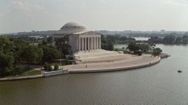 4.8K aerial stock footage flying by the Jefferson Memorial to reveal the Jefferson statue inside in Washington DC Aerial Stock Footage | AX75_087