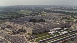 4.8K aerial stock footage orbiting The Pentagon in Washington DC with Potomac River in the background Aerial Stock Footage | AX75_130E