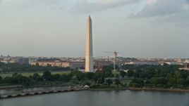 4.8K aerial stock footage of Washington Monument seen from Tidal Basin, Washington D.C., sunset Aerial Stock Footage | AX76_061