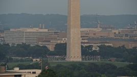 4.8K aerial stock footage he base of Washington Monument in the National Mall, Washington D.C., sunset Aerial Stock Footage | AX76_072