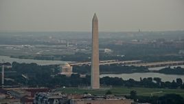 4.8K aerial stock footage of Washington Monument and Jefferson Memorial, Ronald Reagan Airport in background, Washington D.C., sunset Aerial Stock Footage | AX76_078E